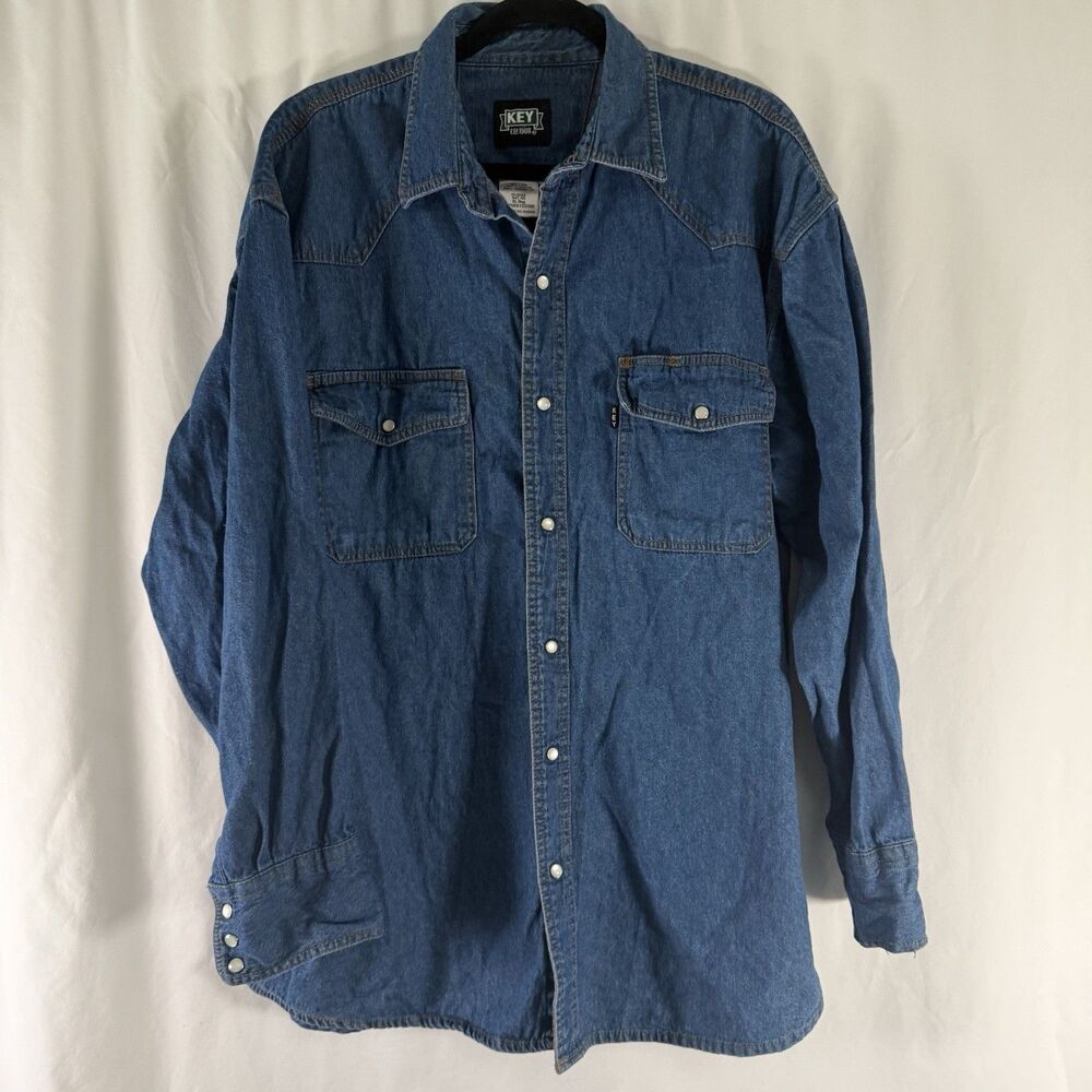 Key Pearl Snap Denim Shirt Men's XL Medium Wash Long Sleeve Collared Cotton